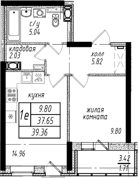 1-комнатная квартира 39.36 м², 2/25 эт., ЖК «Северная Долина»